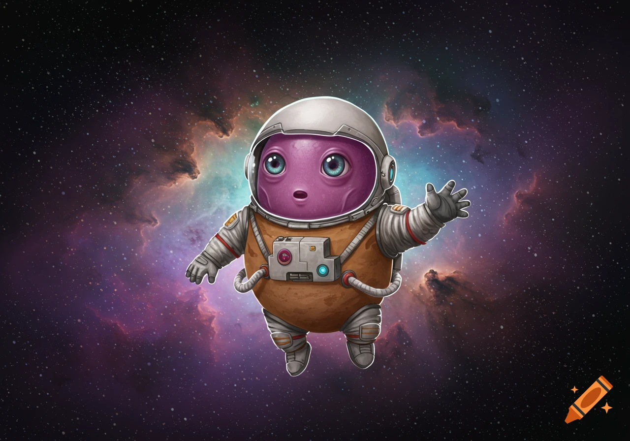 Cute alien in an astronaut suit floating in space.