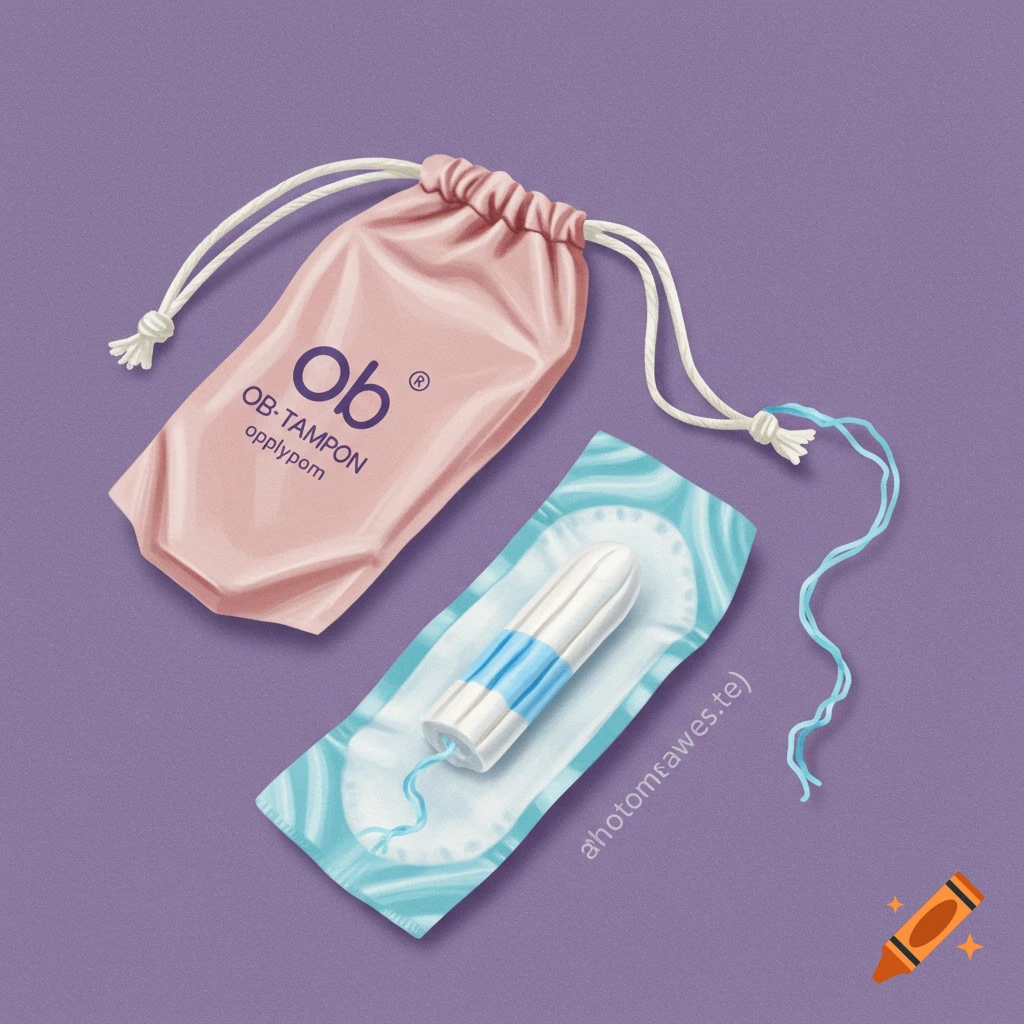 Digital illustration of a pink drawstring pouch with OB-TAMPON text and a wrapped tampon on a purple background.