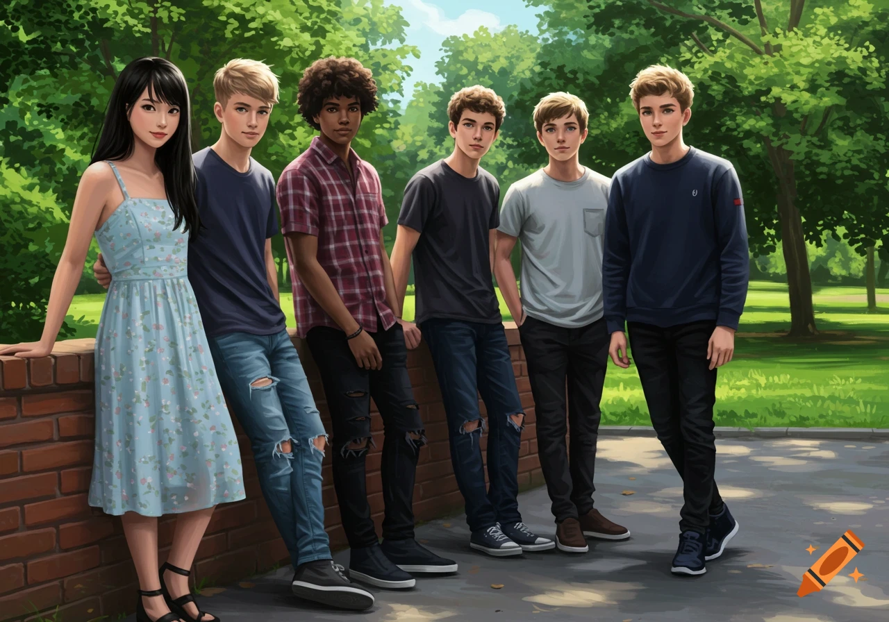 An illustration of a group of five young friends, one girl and four boys, standing in a park setting.