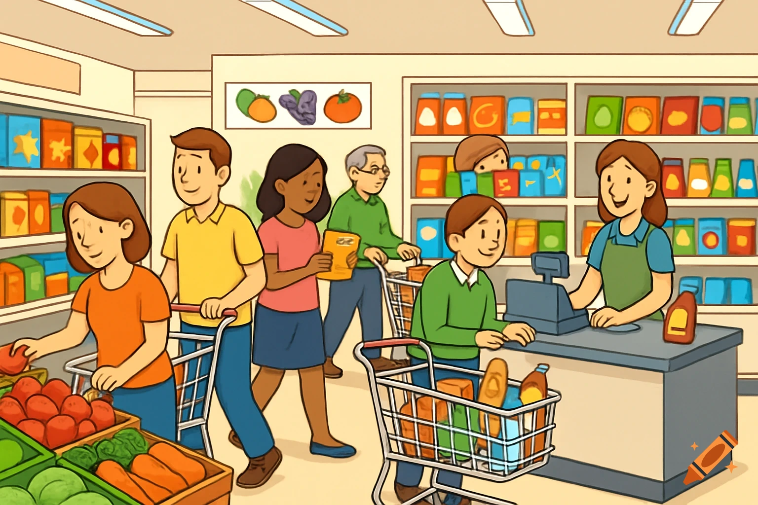 Illustration of people shopping in a colorful grocery store with carts and shelves of products.