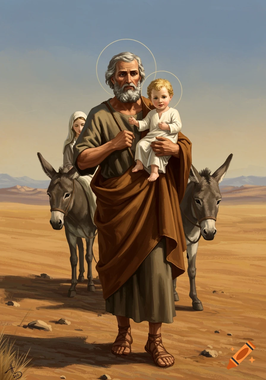 Painting of Saint Joseph carrying baby Jesus, walking with Mary on a donkey through the desert.