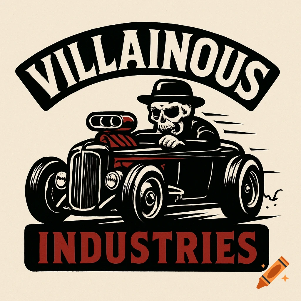A logo featuring a skull wearing a hat driving a hot rod, with the words 'Villainous Industries'.