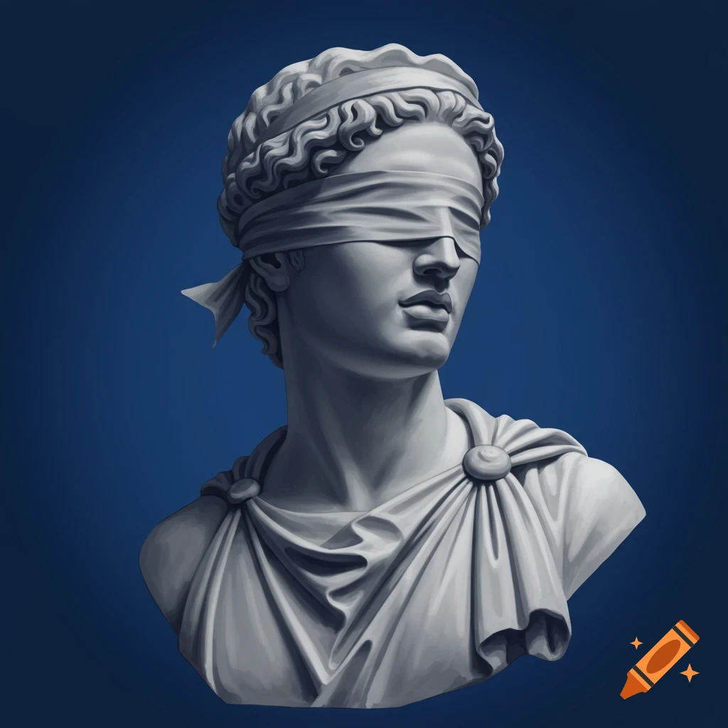 Rendered bust of a blindfolded classical sculpture against a blue background.