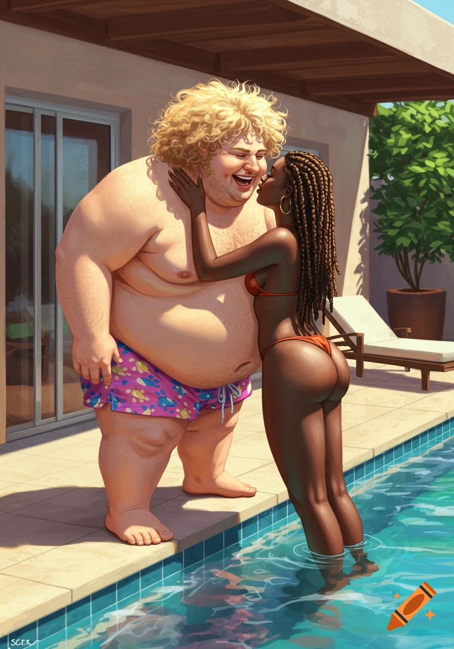 Large man and woman kissing by a pool on a sunny day, illustration style.