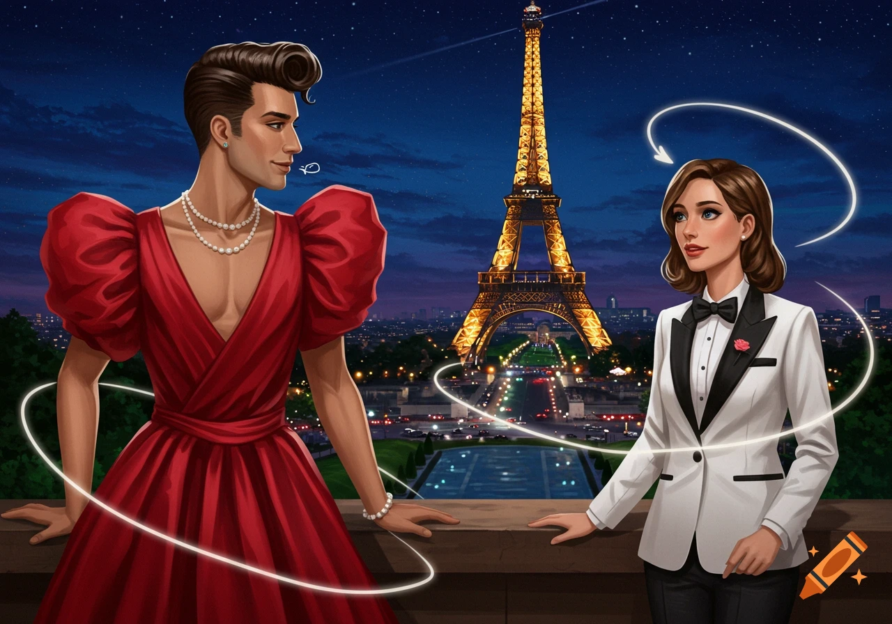 An illustration of a man in a red dress and a woman in a white tuxedo standing near the Eiffel Tower at night.