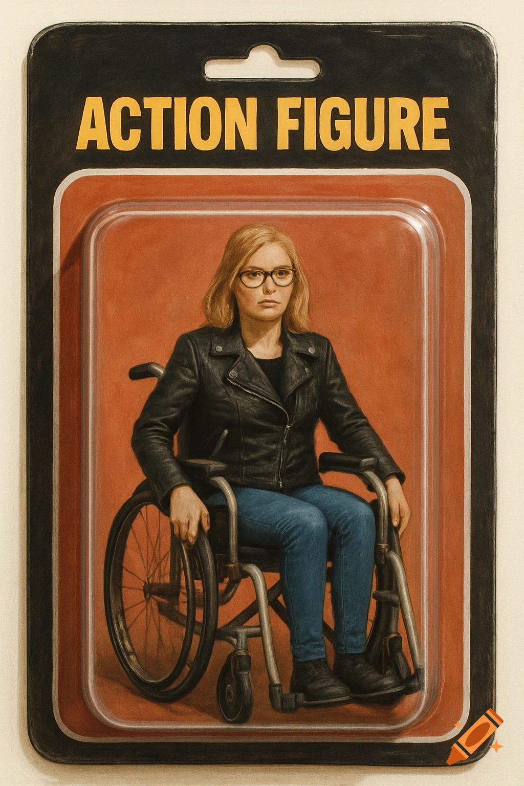 Blonde woman in a black leather jacket and jeans sitting in a wheelchair, packaged like an action figure with the text "ACTION FIGURE" at the top.