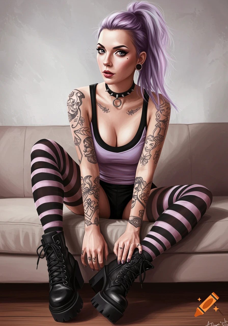 Illustration of a woman with purple hair, tattoos, and punk/goth clothes sitting on a couch.