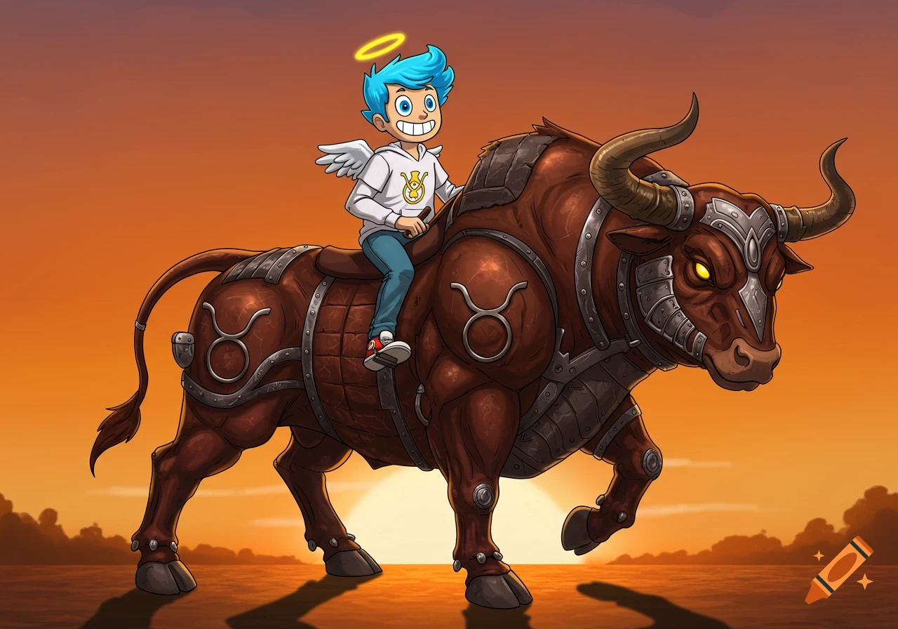 Cartoon boy with halo and wings rides armored bull with Taurus symbols at sunset.