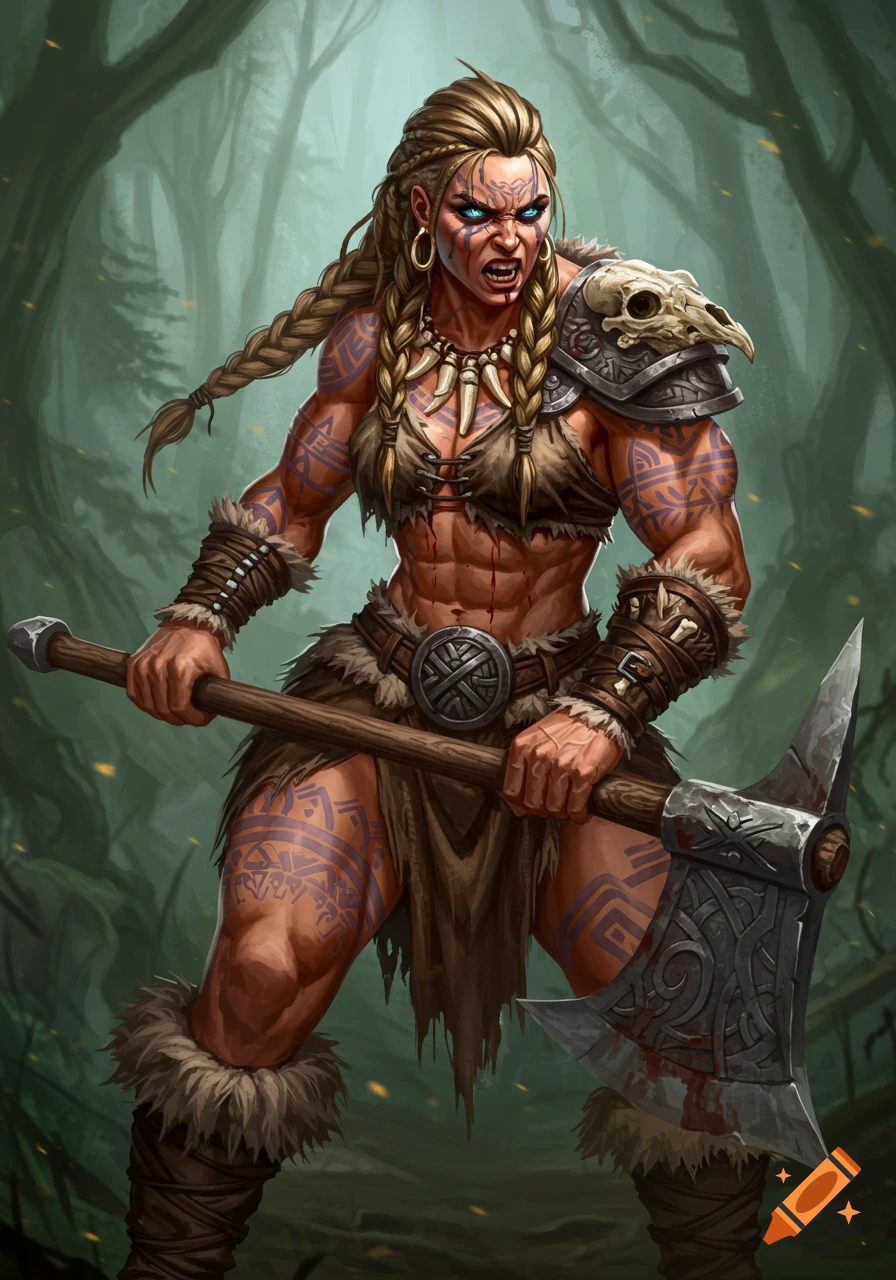 Muscular barbarian woman with tribal markings holding a bloody axe in a forest.