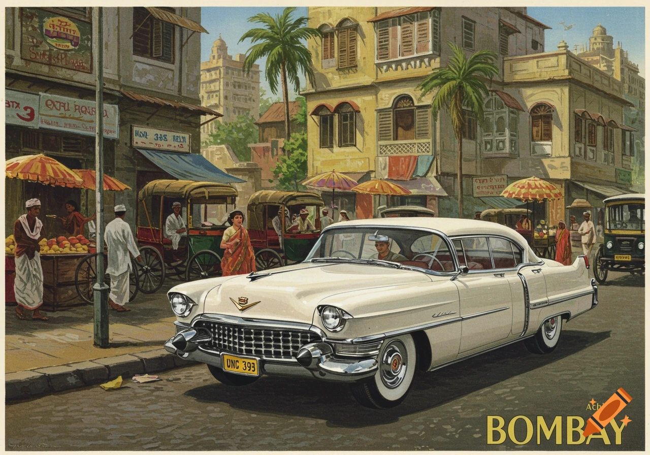 Vintage illustration of a white car on a busy street in Bombay with shops and people.