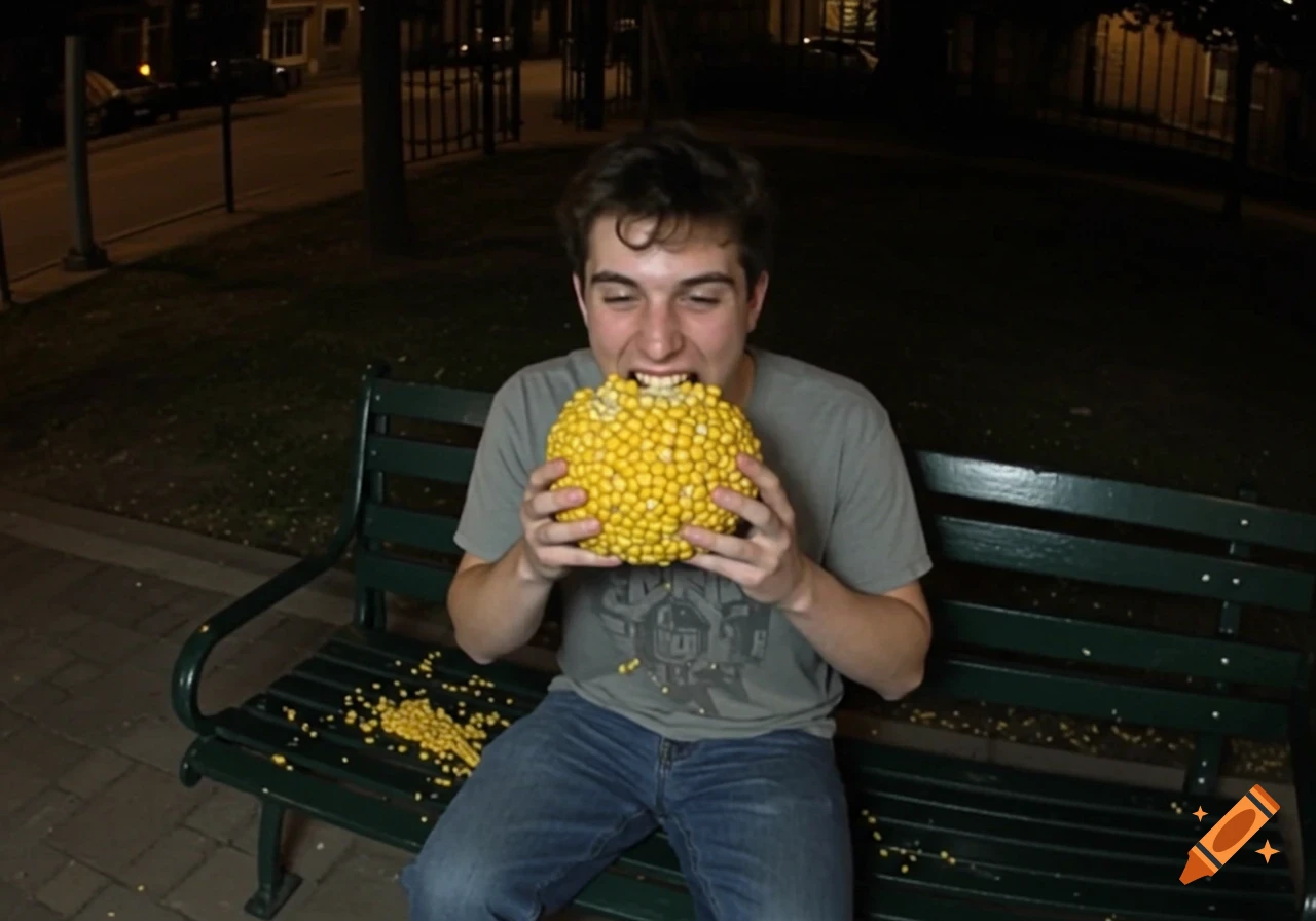 A man sits on a park bench at night, eating a large ball made of corn