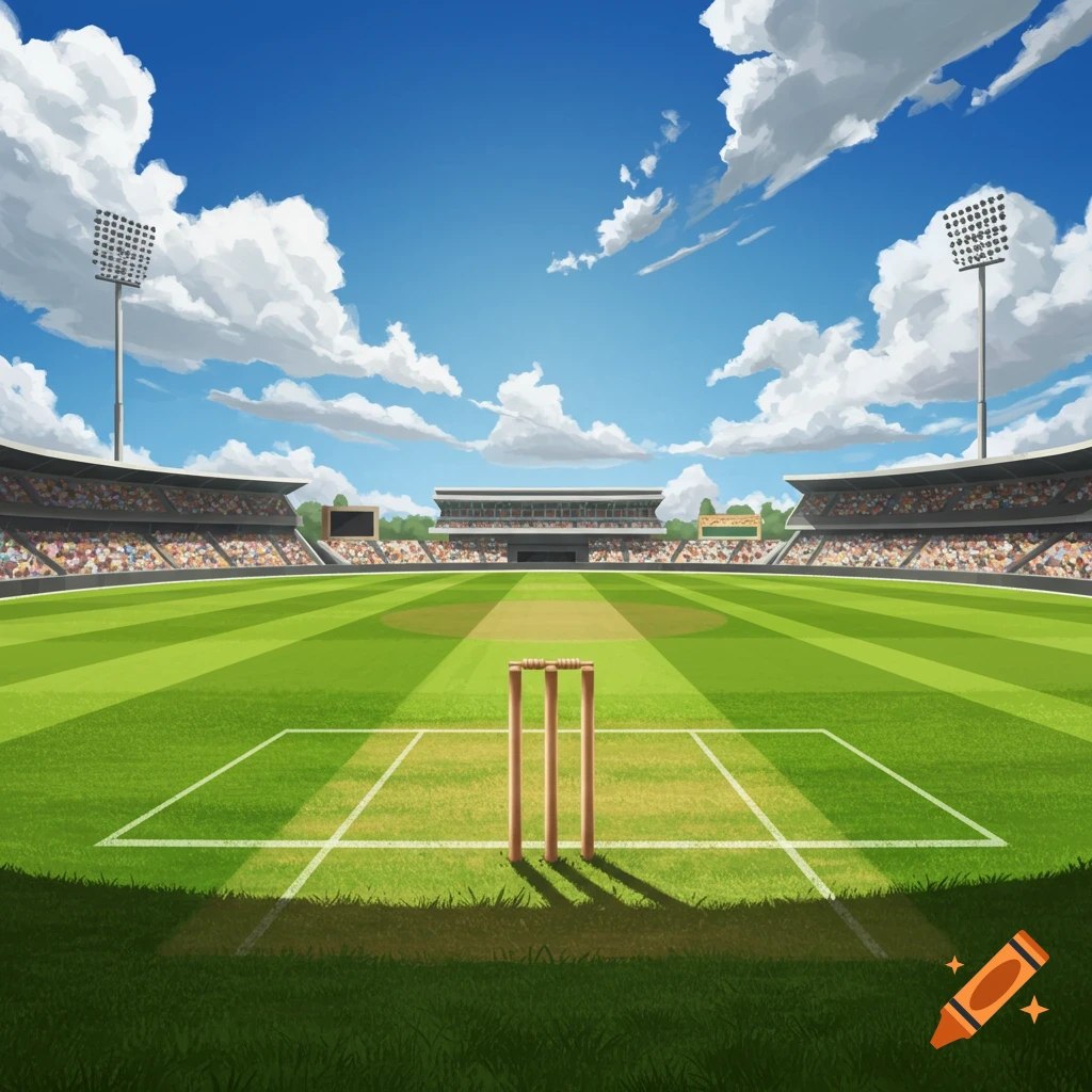 A view from the pitch towards the stands of a cricket stadium under a blue sky.