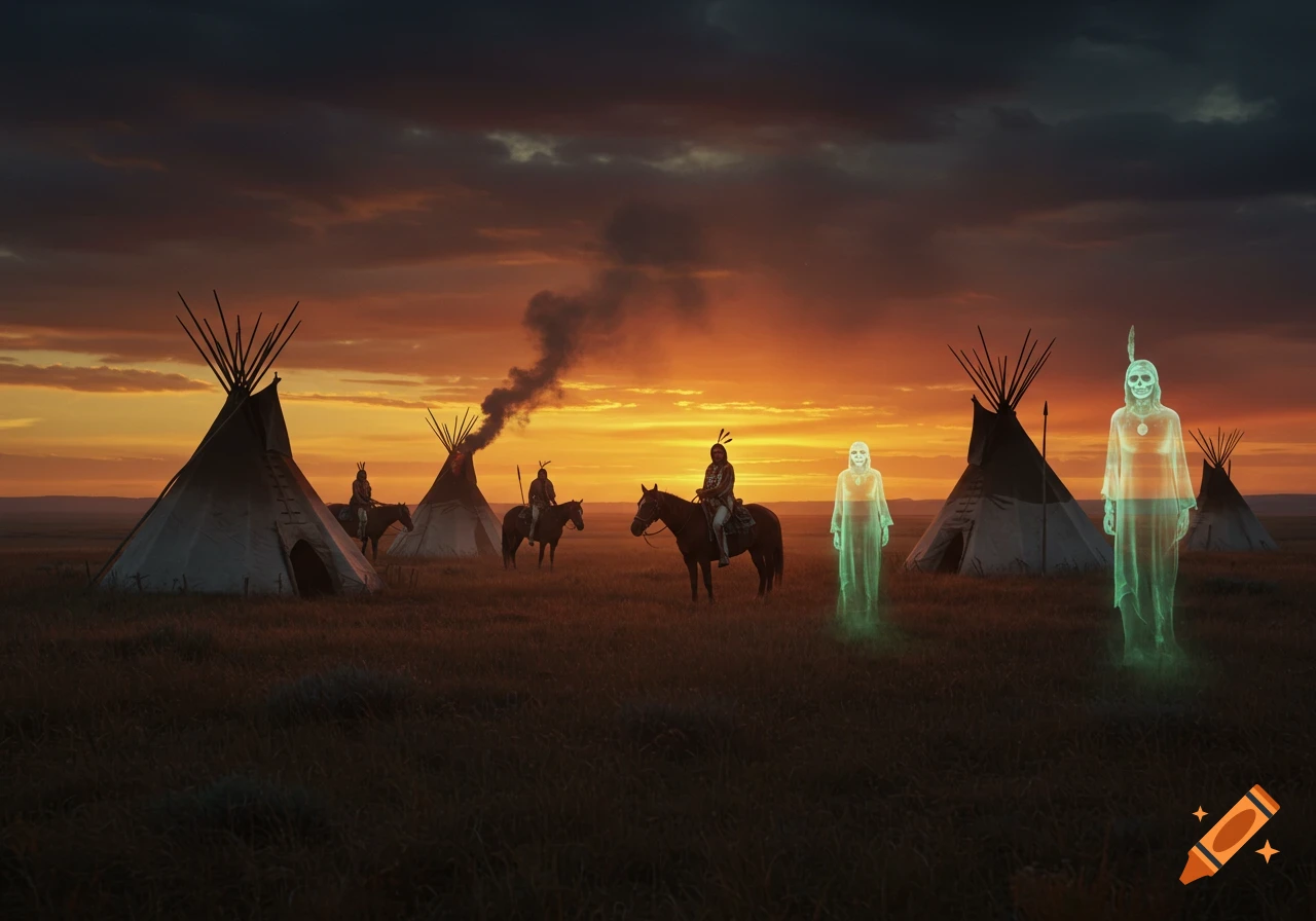 Native Americans on horses near teepees with glowing ghost figures at sunset.