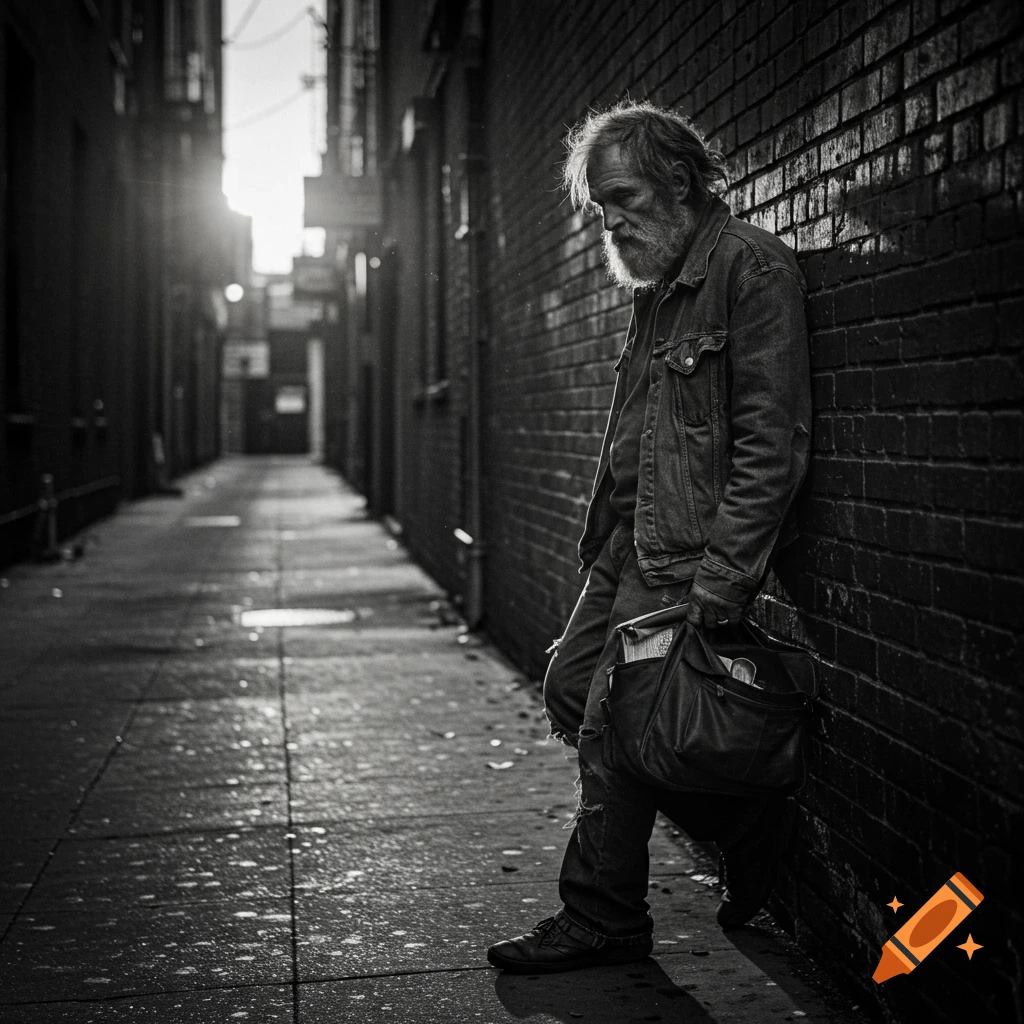 A bearded man in a denim jacket leans against a brick wall in a dark, black and white alley.