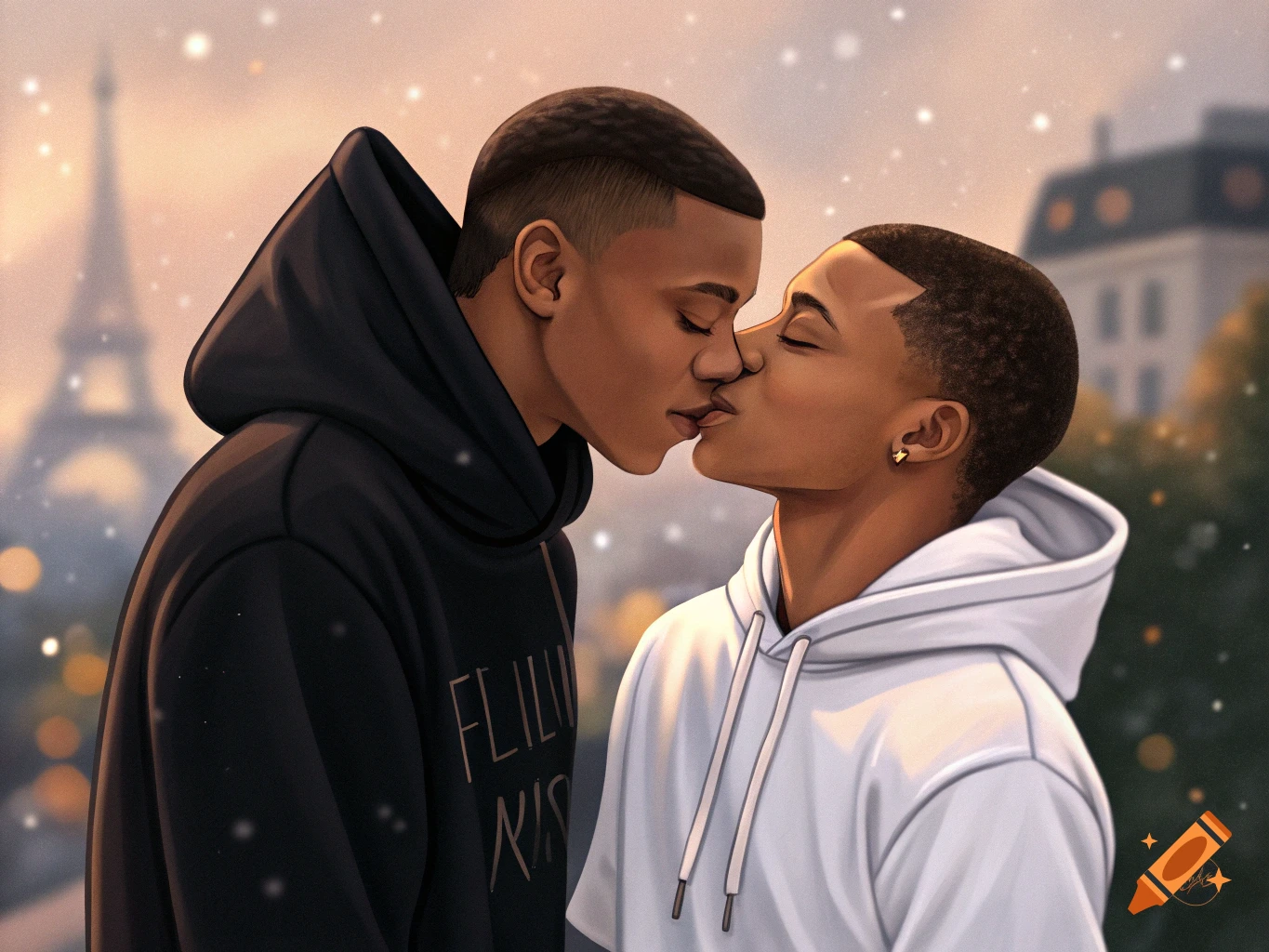 Illustrated portrait of two young men kissing with the Eiffel Tower in the background.