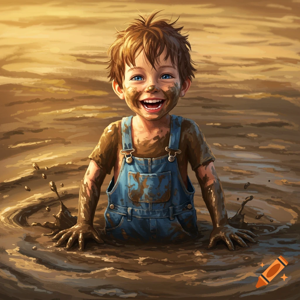 A joyful boy covered in mud splashes in a thick mud puddle, laughing. Illustration style.