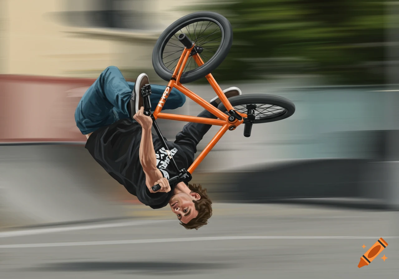 Illustrative digital painting of a person doing a BMX bar spin trick.