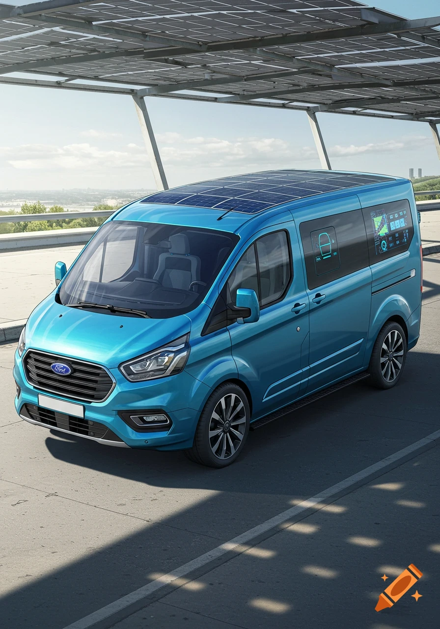 A blue Ford Transit van with solar panels on its roof is parked under a solar panel roof structure, overlooking a city.