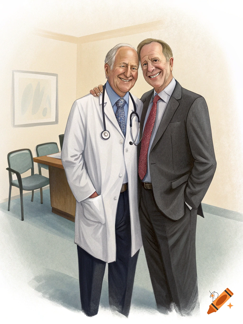 Illustration of a doctor in a white coat and a man in a suit standing together in a clinic.