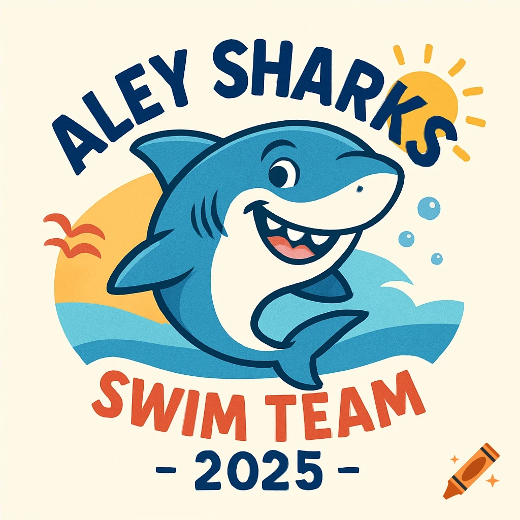 Cartoon logo of a shark for Aley Sharks Swim Team 2025