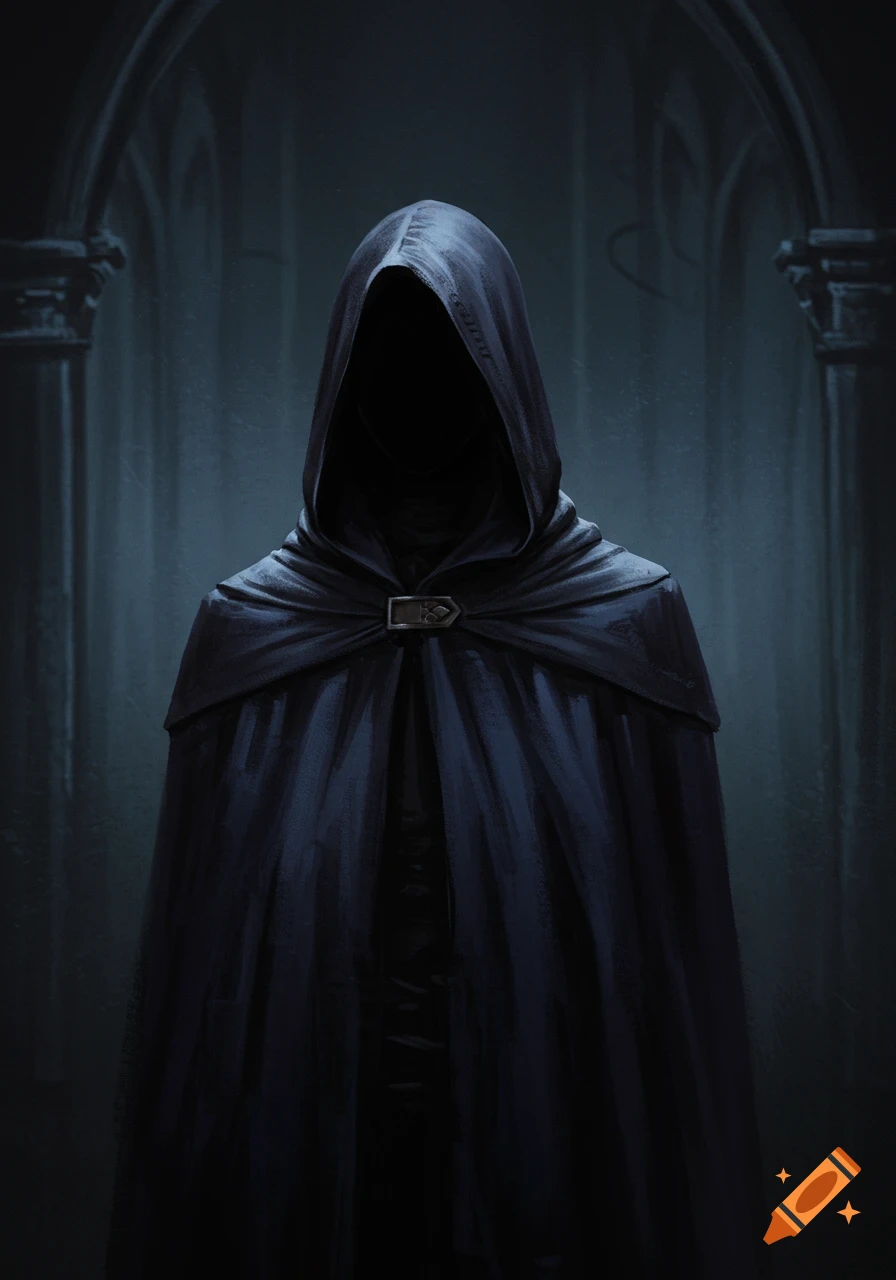 Dark figure in a hooded cloak standing in a gothic setting.