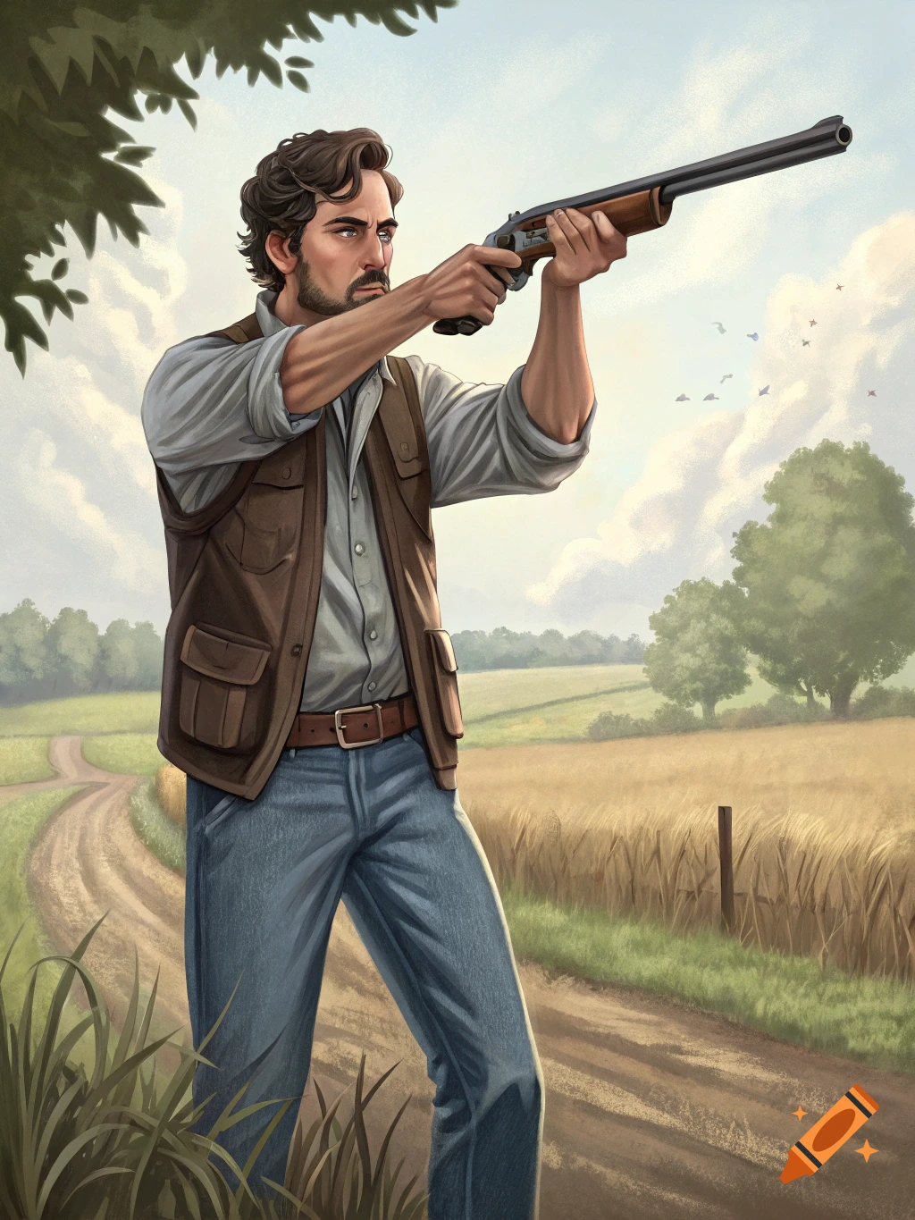 Illustration of a man in a vest and jeans aiming a rifle in a rural field.