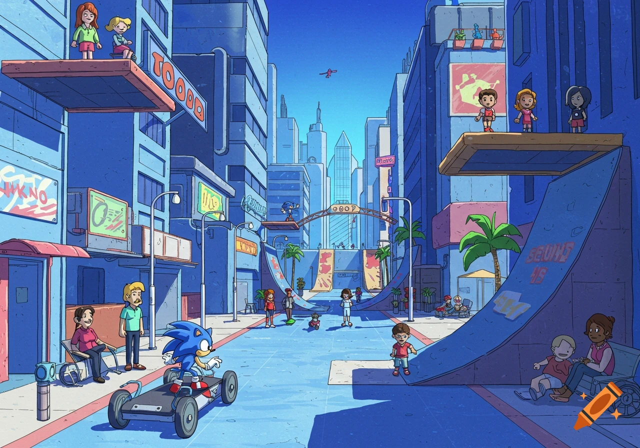 Cartoon blue city with Sonic on a wheeled platform, ramps, platforms, and people in a hand-drawn style.