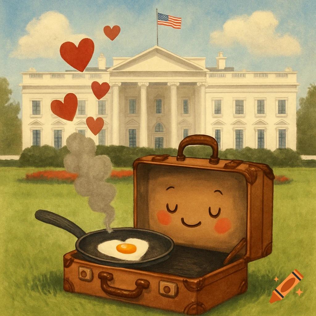 A whimsical illustration of a smiling suitcase cooking a heart-shaped egg in a frying pan in front of the White House with floating hearts.