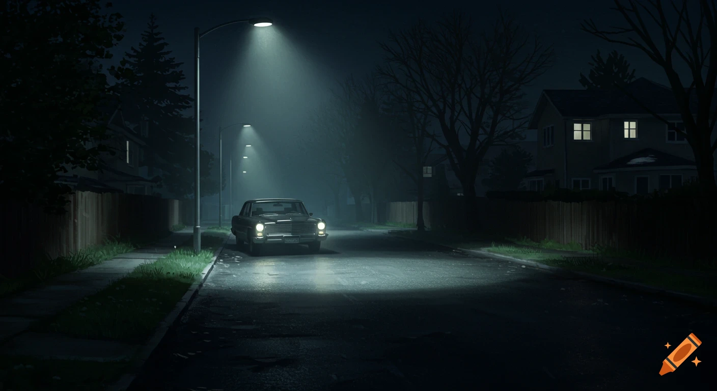 A vintage car sits under streetlights on a quiet suburban street at night.
