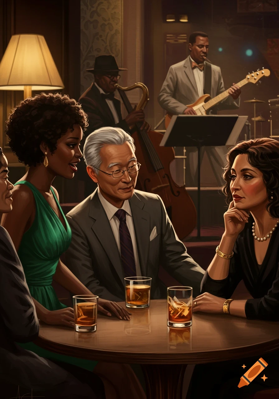 People sit at a table in a bar listening to a jazz band.