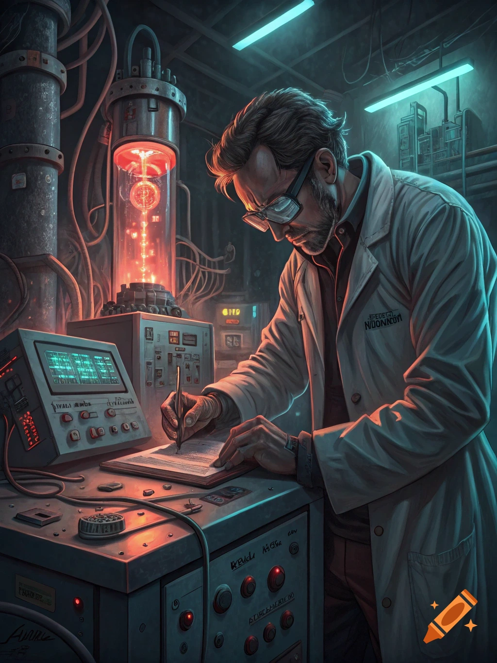 Man in lab coat writes at desk with complex glowing science fiction equipment.