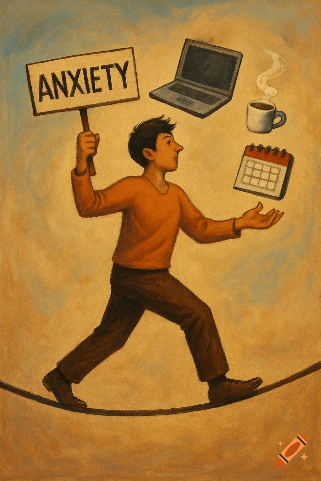 An illustration of a person walking a tightrope, balancing an 'ANXIETY' sign, laptop, coffee, and calendar.