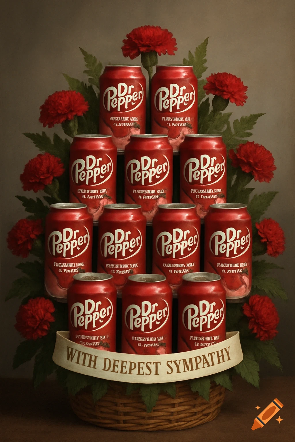 A funeral arrangement made of Dr. Pepper cans, red carnations, and greenery, with a banner reading 'WITH DEEPEST SYMPATHY'.