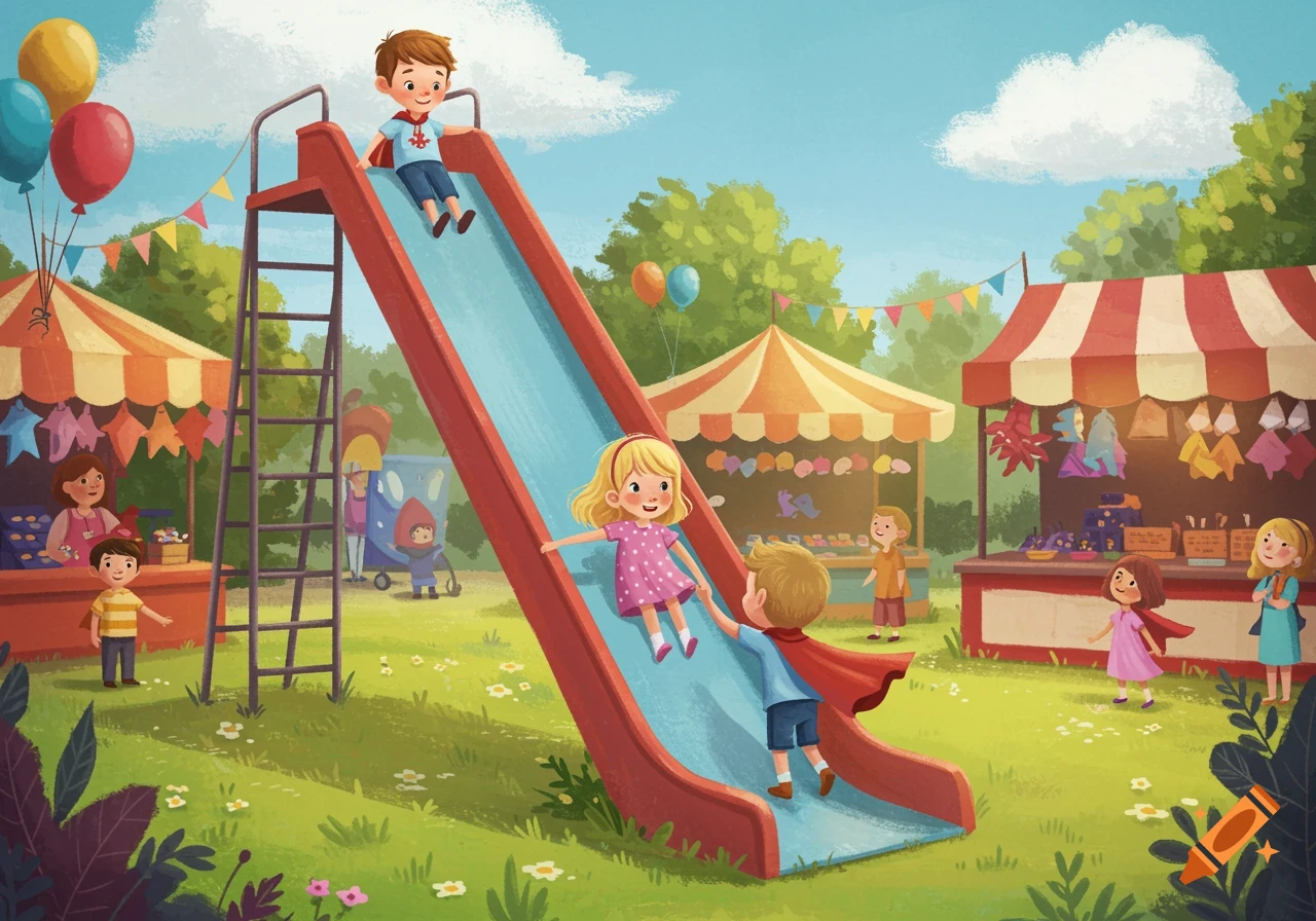 Illustration of children playing on a slide at a fair with booths and balloons.