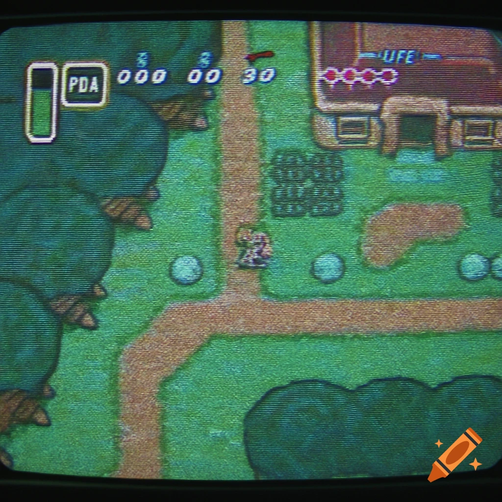 Top-down view of a pixelated character in a green video game landscape with a building and HUD, in a VHS CRT screen style