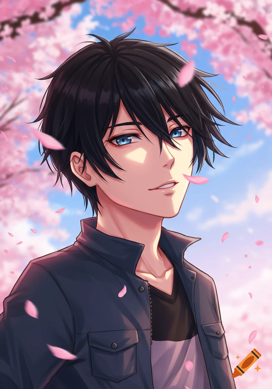Anime portrait of a black-haired boy with blue eyes surrounded by falling cherry blossom petals.
