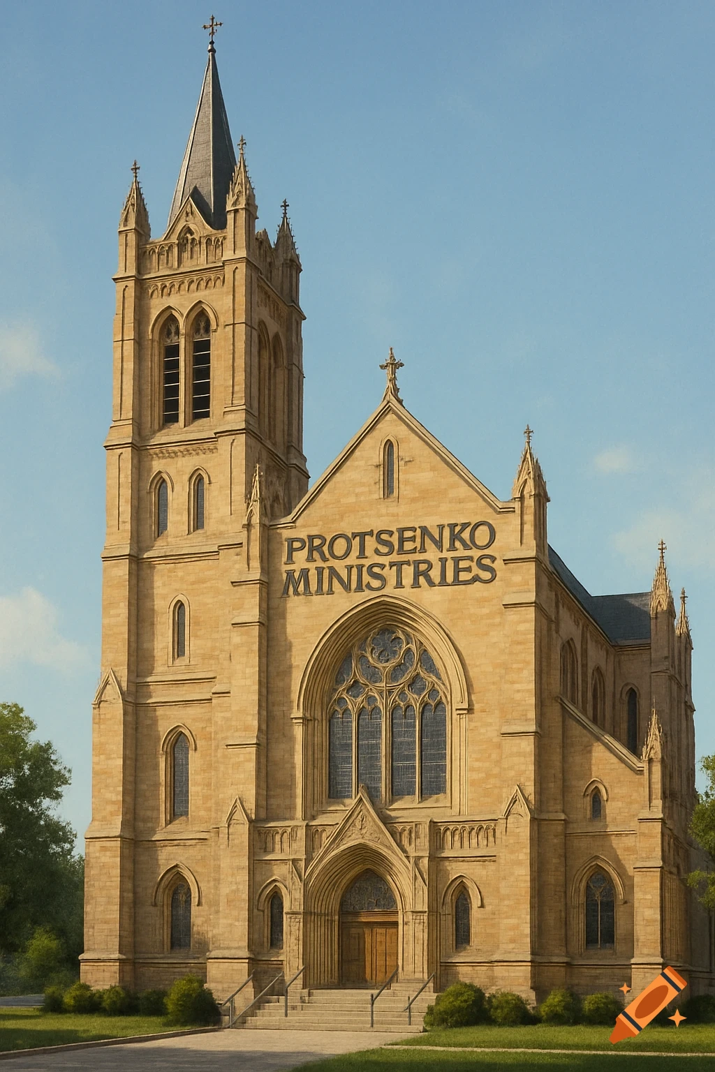 A large stone church building with a tall steeple and gothic windows. The text "PROTSENKO MINISTRIES" is on the facade.
