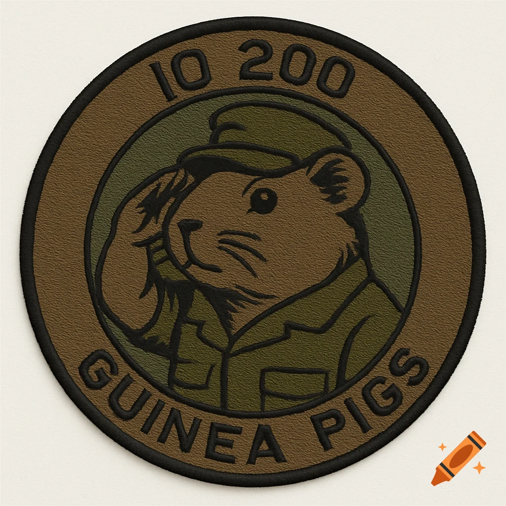 Embroidered military patch with a saluting guinea pig and text 'IO 200 GUINEA PIGS'.
