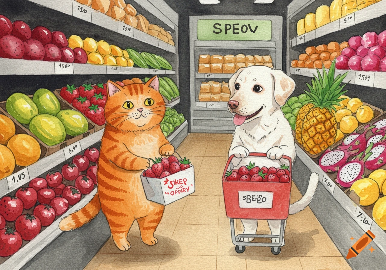 Watercolor illustration of an orange cat and white dog shopping for strawberries in a grocery store.