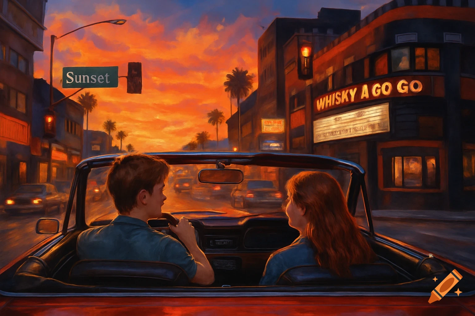 Painting of a couple driving a red convertible at sunset on Sunset Boulevard, passing the Whisky A Go Go.