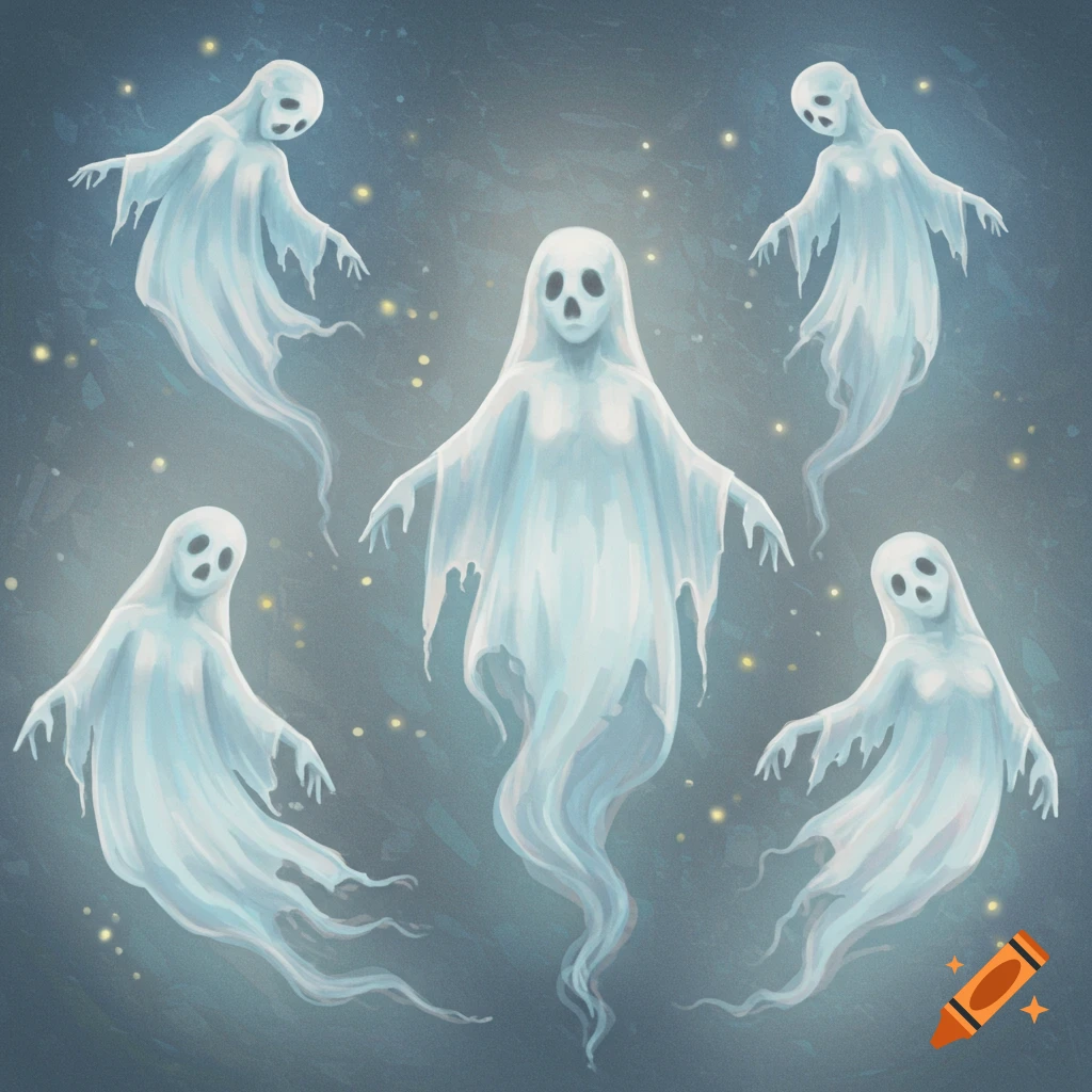 Illustration of five white ghosts floating in a dark background with sparks.