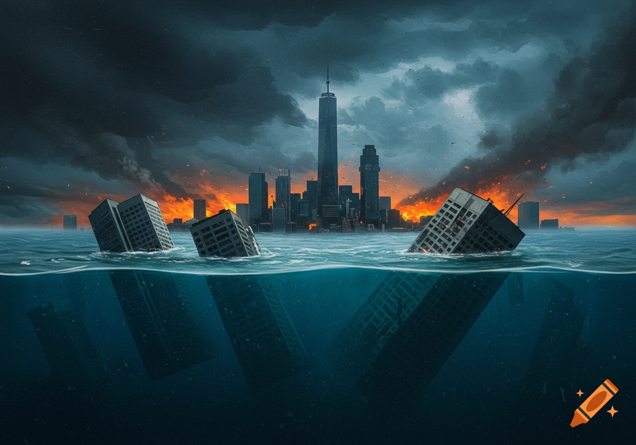 City buildings partially submerged and burning under a stormy sky.