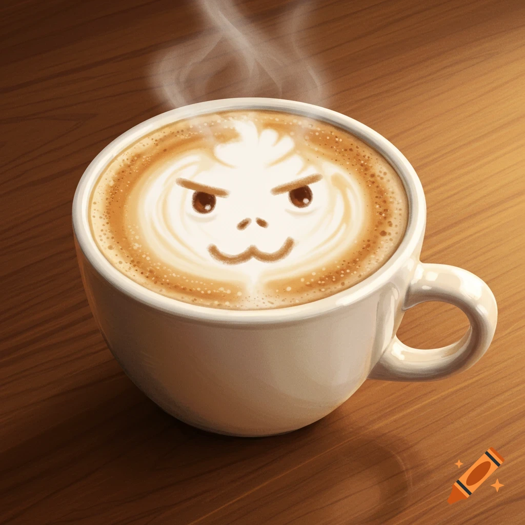 A cappuccino with latte art depicting a grumpy face, sitting on a wooden table with steam rising.