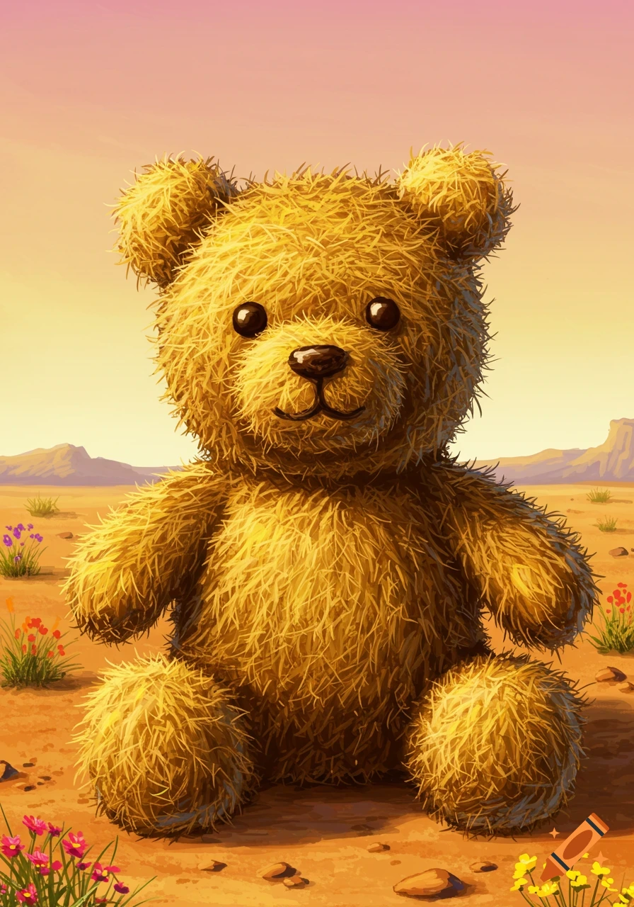 A fluffy tumbleweed teddy bear sits in a desert landscape.