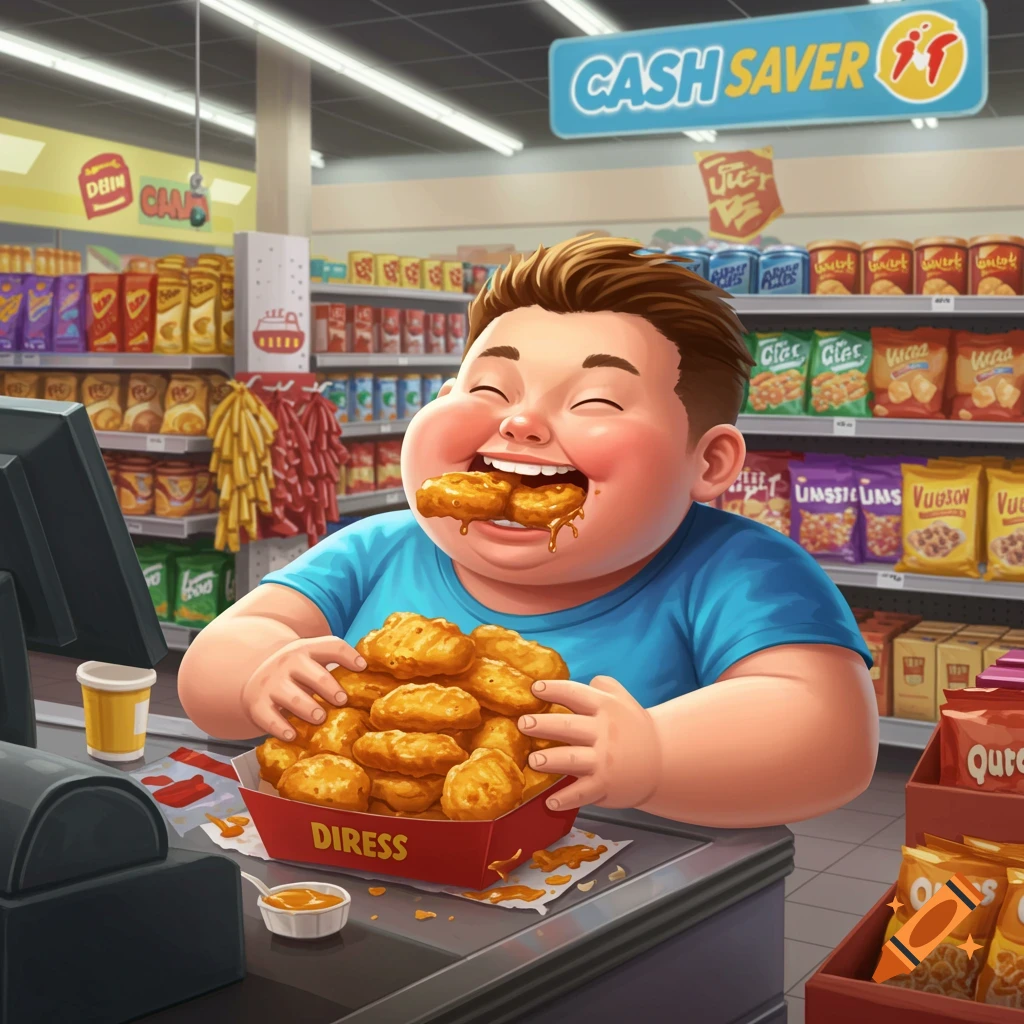 Cartoon illustration of a child eating chicken nuggets in a supermarket.