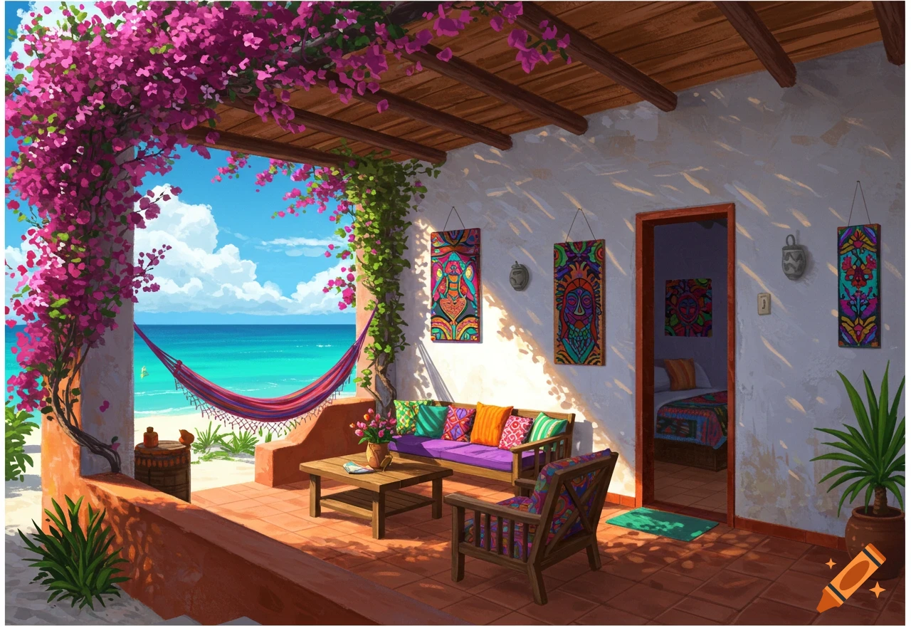 Vibrant illustration of a patio with a hammock and seating overlooking a tropical beach and turquoise ocean.