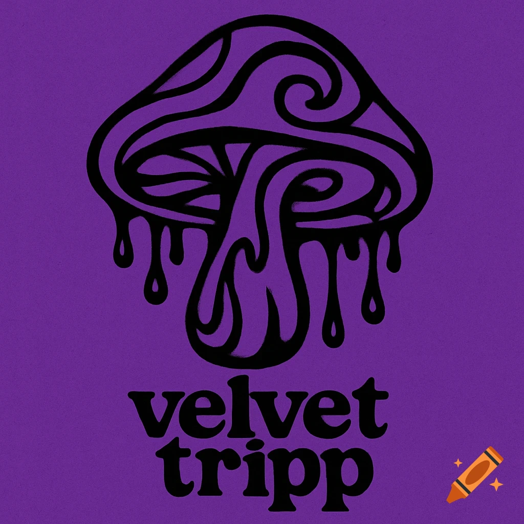 Black dripping mushroom outline with the text velvet tripp below, on a purple background.