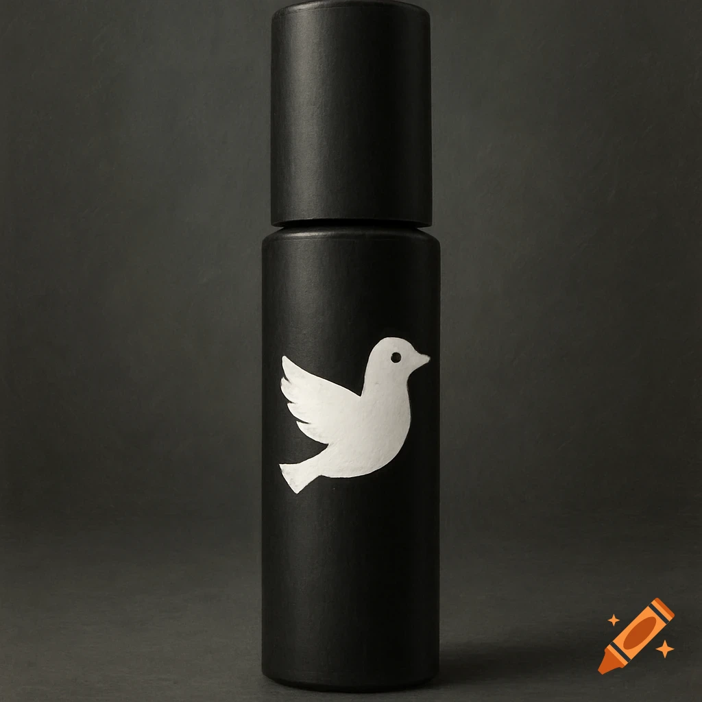 A black cylindrical product container with a white bird logo on the side.