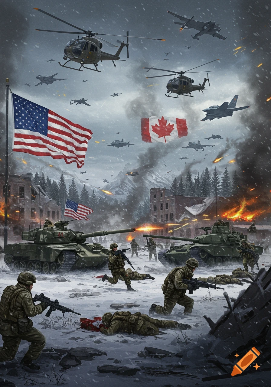 A dramatic painting of a snowy battlefield with tanks, soldiers, aircraft, and the US and Canadian flags.