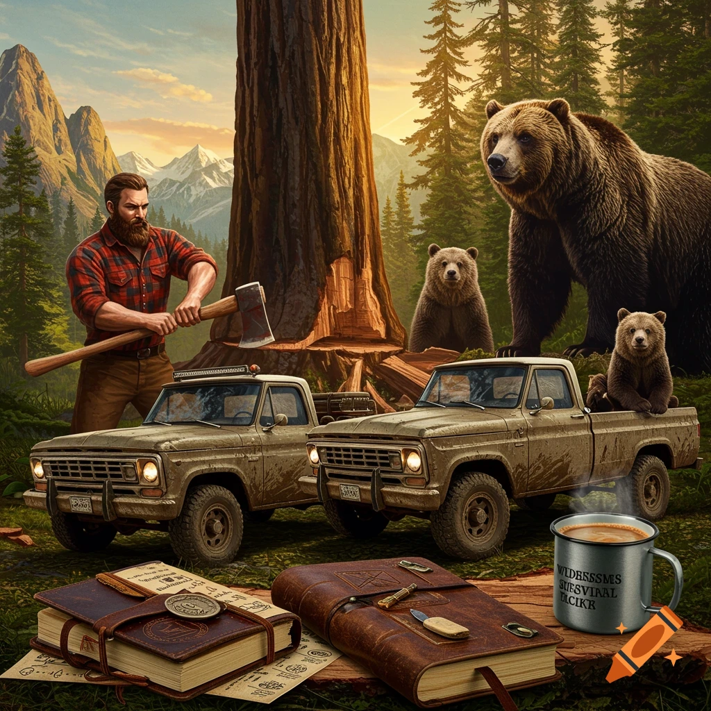 A bearded man chops a large tree trunk with an axe next to two trucks and bears in a forest landscape.